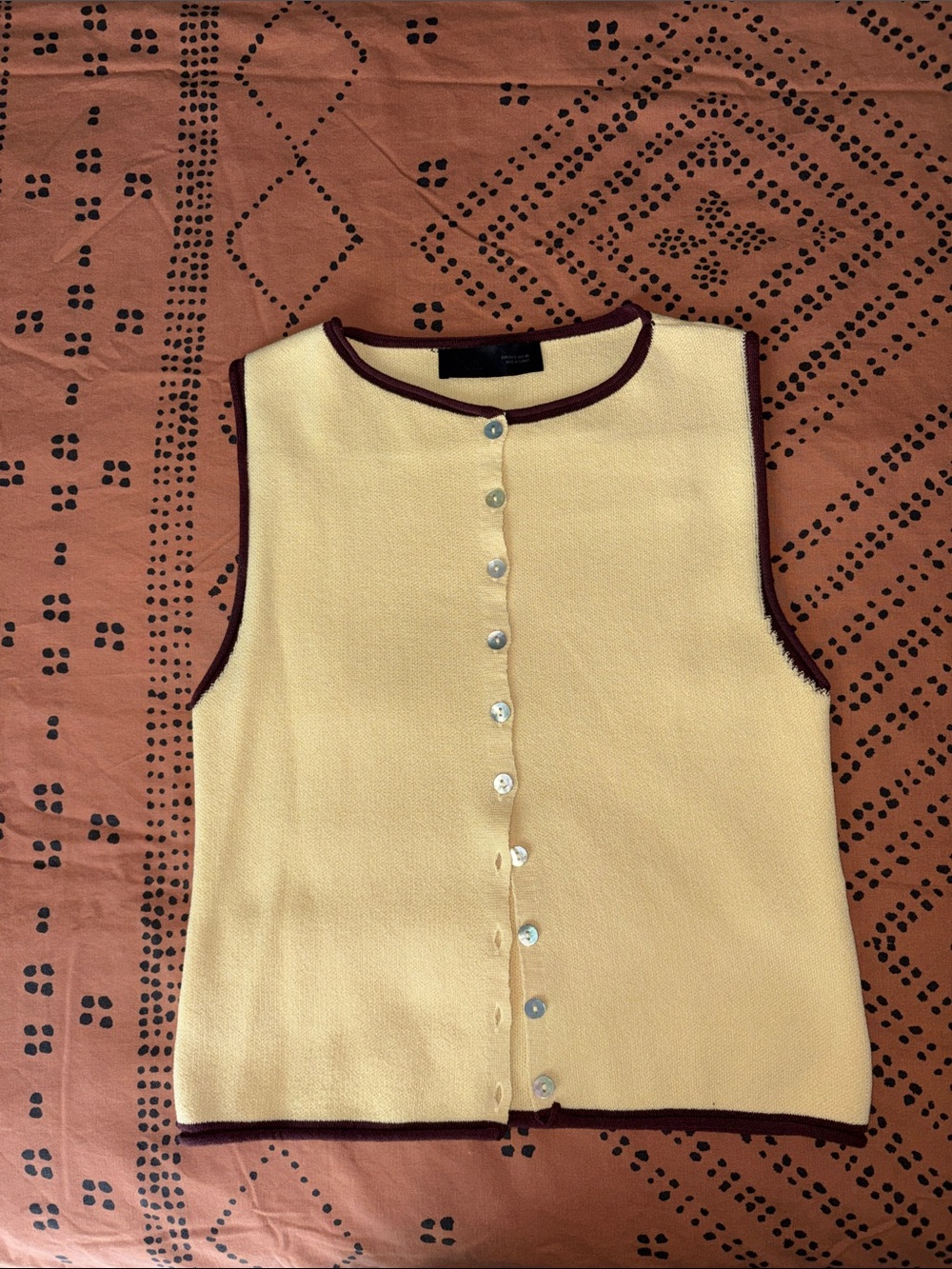 Zara Sleeveless Cream Knit Button-Front Top with Brown Trim